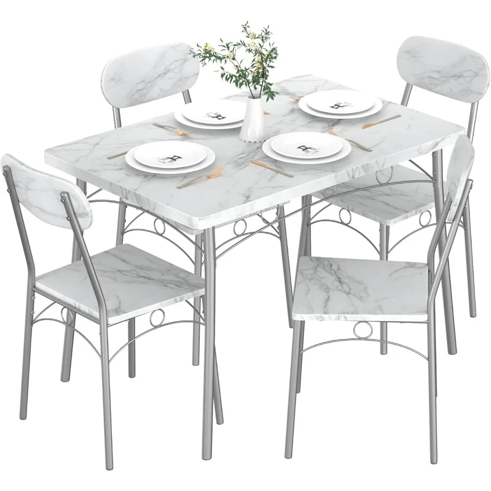 5-Piece Dining Room Table Set, Rectangular Dinette with 4 Chairs for Kitchen, Breakfast Nook, Small Space, Marble White