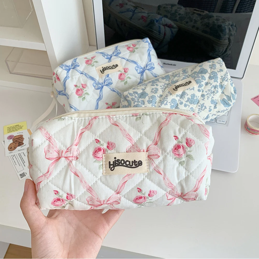 Bow Flower Makeup Bag Cosmetic Bag Women Zipper Storage Bag Large Capacity Portable Handbag Toiletry Case for Girls Cosmetiquera