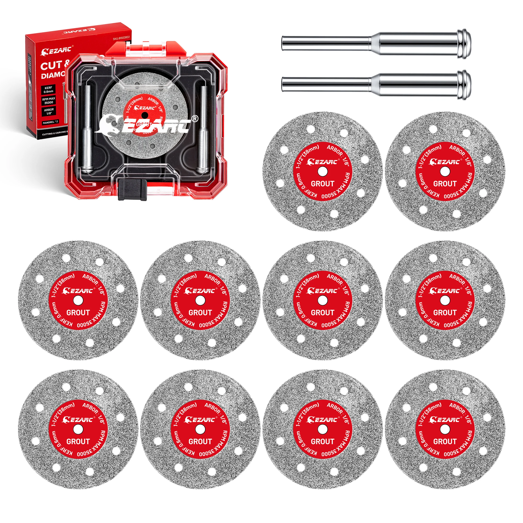 

EZARC 1.5''(38mm) Tile Cutting Discs 10Pcs, 0.6mm Kerf Diamond Cutting Wheel with 2 Mandrels for Cutting Sharpening Carving