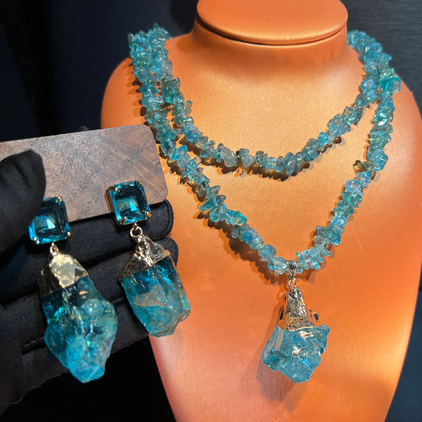 

Original Design Irregular Crystal Double Layer Necklace and Earrings for women fashion jewelry set dinner party everyday wear