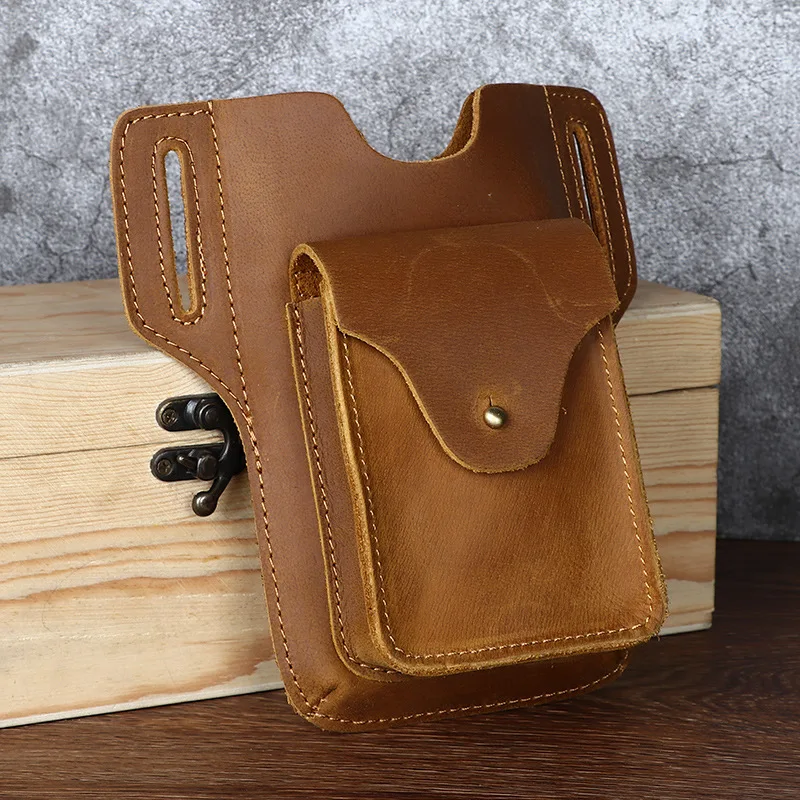 Vintage Style Crazy  Leather Mobile Phone Bag Portable Sports Bag Light Weight Smoker's Case Handcrafted Cowboy Design