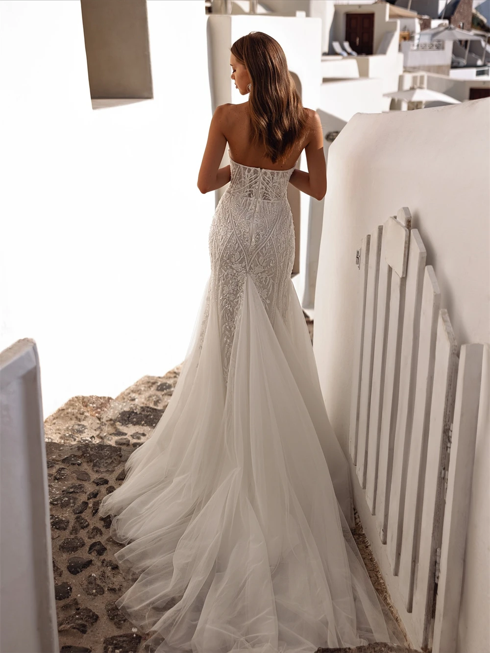 Vestido De Novia De Organza blanco bohemio personalizado, vestidos De Novia elegantes sin mangas con forma De corazón, Vestido De Novia suave con cola De corte De sirena