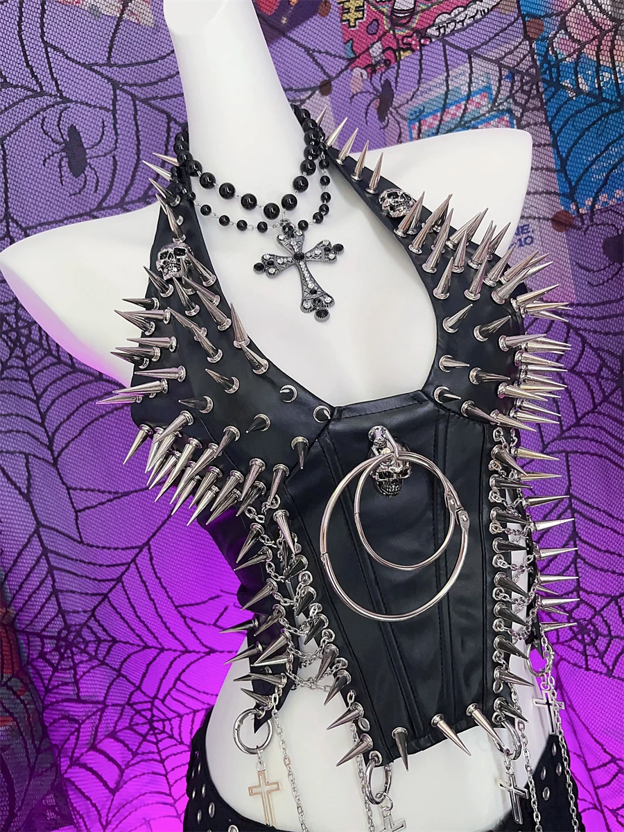 

Металлический жилет из искусственной кожи с крестом и ожерельем Y2K Spicy Girl Pure Desire Wild Music Festival Aby Vest V-Ne Hanging Necklace S...