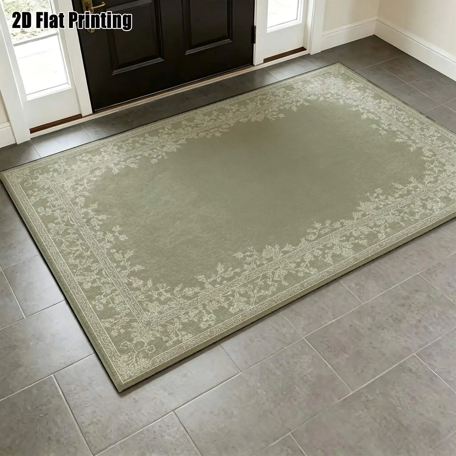 1Pc 2D Printed Carpet: Light Gray Base, White Floral Border European/Retro/Simple Style, Home Decor, Multi-Size, Machine Washable. For Living Room, Bedroom, Dining Room, Entrance, Study.