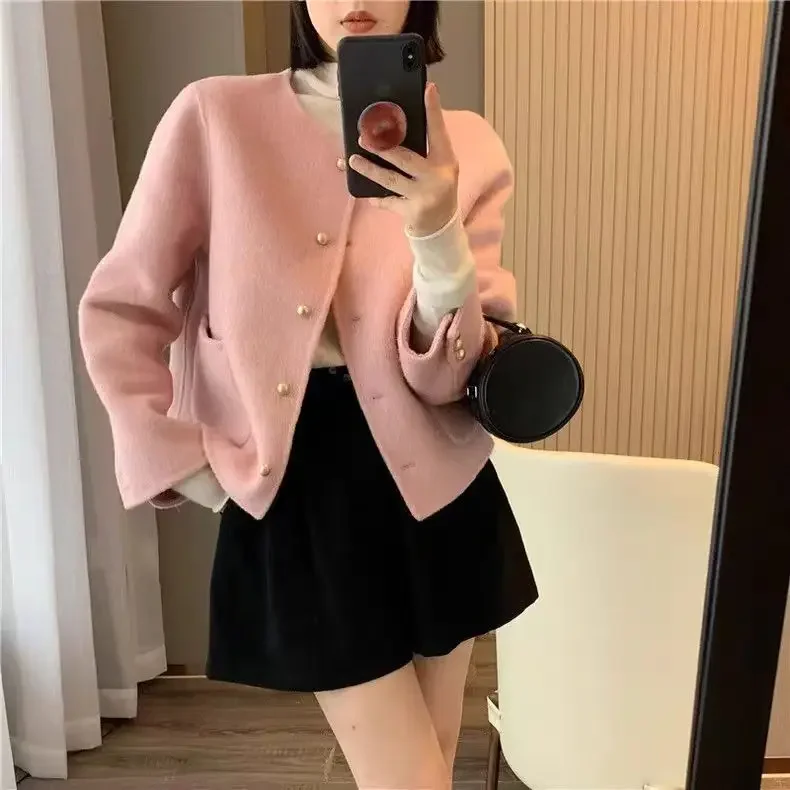 

New double-sided cashmere coat women's Korean version short round neck small woolen solid color wool small fragrant coat