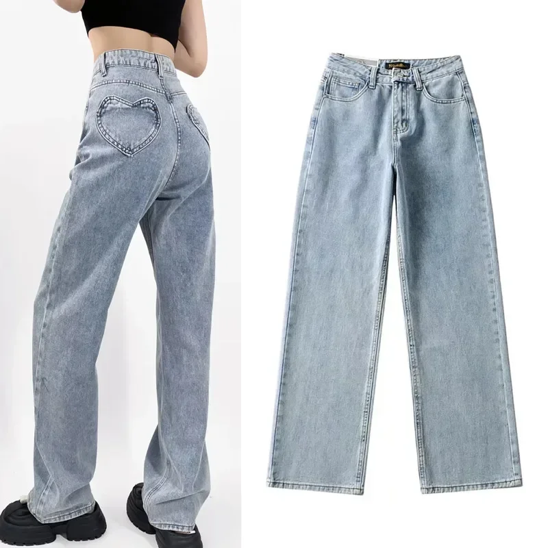 

Женские джинсы, широкие брюки с высокой талией, винтажные прямые брюки с карманами в форме сердца, осень 2021, женская уличная одежда, джинсы