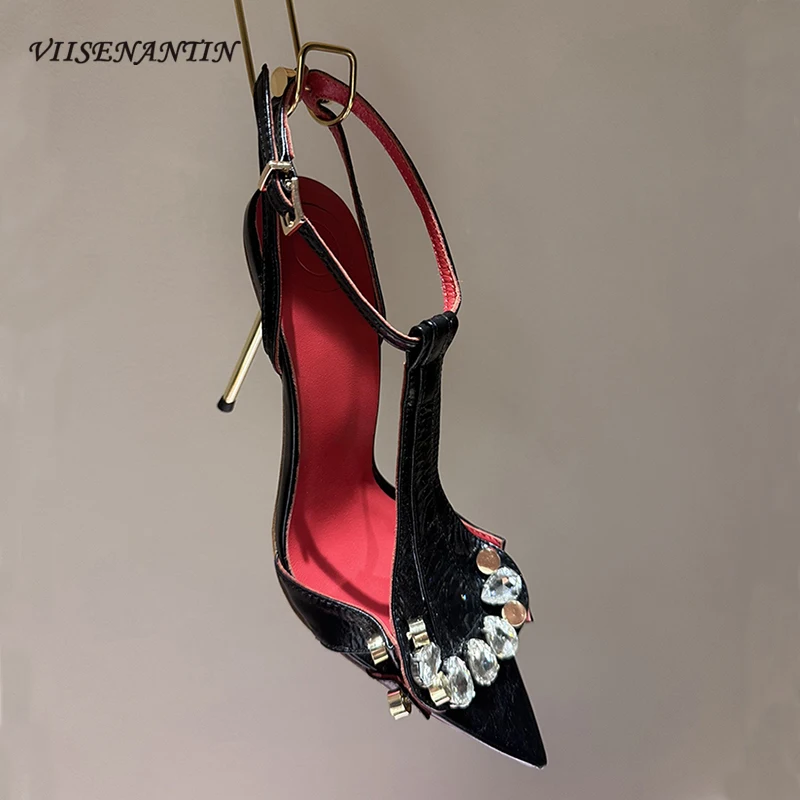 Metal Thin High Heel Pointed Toe Women Sandals Rhinestone Decor Patent Leather Ankle Strappy Ladies Party Shoes Stiletto Females