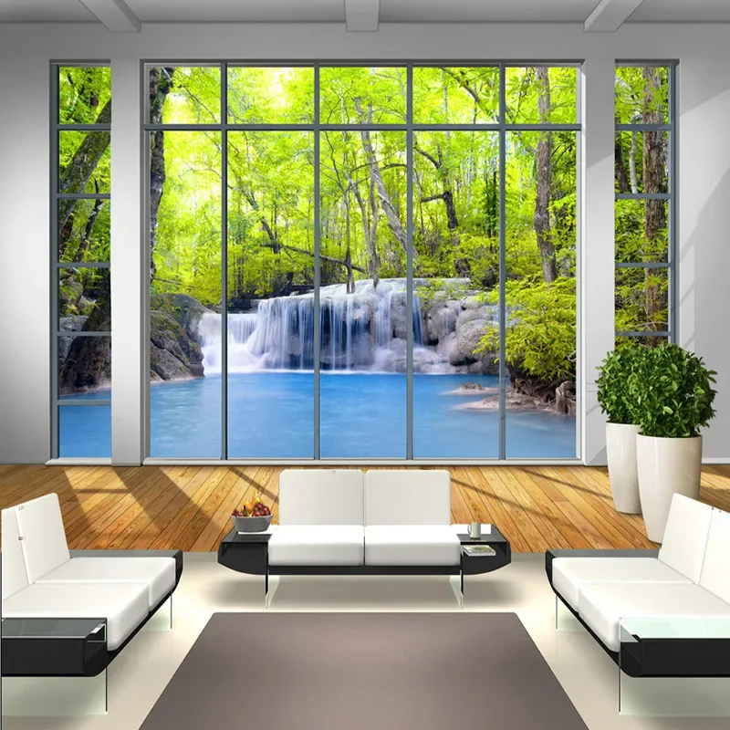 Papel tapiz fotográfico 3D con ventana De bosque, cascada, naturaleza, paisaje, murales, sala De estar, TV, sofá, fondo, tela De pared 3 D