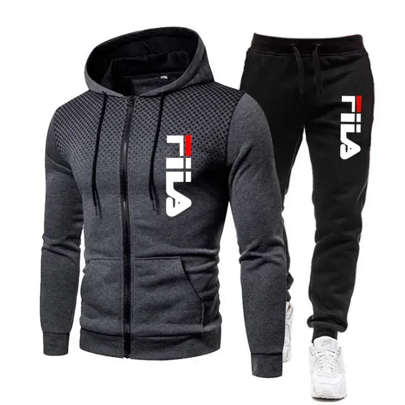 

New men's casual jogging fitness fashion sports clothing set autumn and winter printed zipper hoodie + two sets of stretch pants