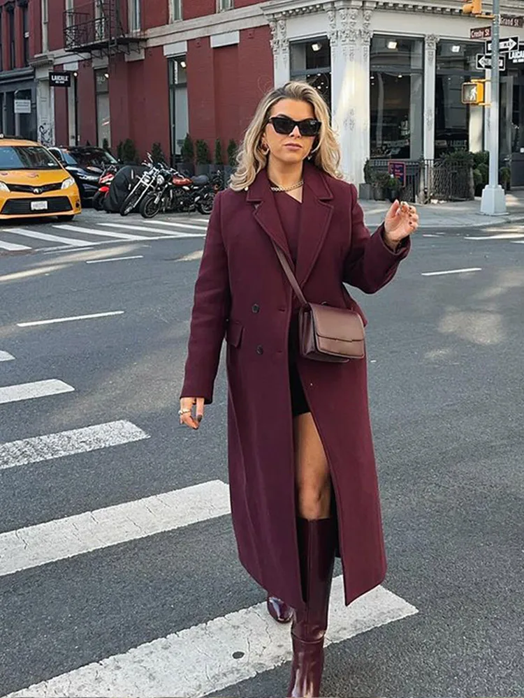 Autumn Fashion Burgundy Woolen Overcoat Women Casual Lapel Double Breasted Flap Pockets Long Coat Lady New Street Outwears