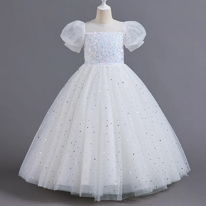 

Girls Sequin Princess Dress Puffy Long Gown Puff Sleeve Flower Girl Formal Wear Piano Stage Host Performance Party Evening Dress