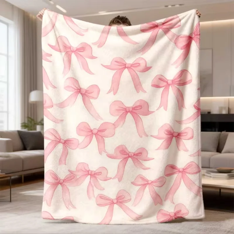 Soft Watercolor Pink Bow Ribbon Print Throw Blanket Elegant Bowknot Pattern Soft Warm Sofa Bed Blanket All Season