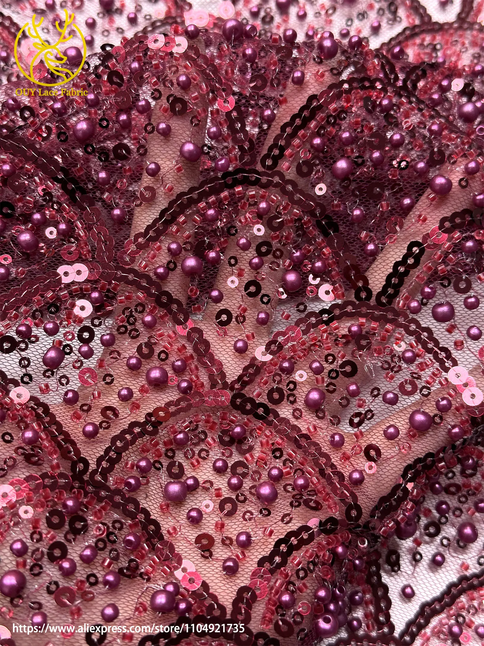 Burgunderroter afrikanischer Perlenstickerei-Mesh-Spitzenstoff, eleganter nigerianischer französischer Pailletten-Tüll-Spitzenstoff für Frauen, Partykleider – Detail 7