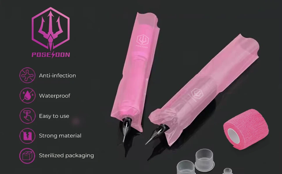 POSEIDON Tattoo Pencil Sleeve Bag Covers 200Pcs and 3Pcs Pink Bandage Practice Taattoo Sets Microblading Supplie for Artists