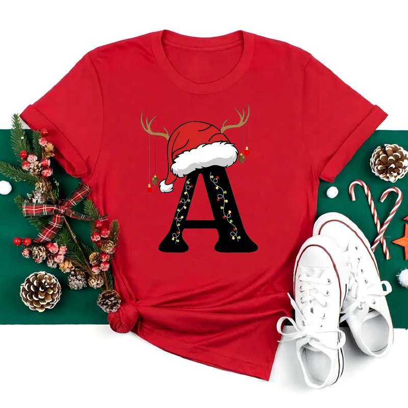 New 26 A~Z Christmas Alphabet T Shirt Women Casual Fashion T-shirt Short Sleeve Christmas Party Aesthetics Red loose T-shirt Top