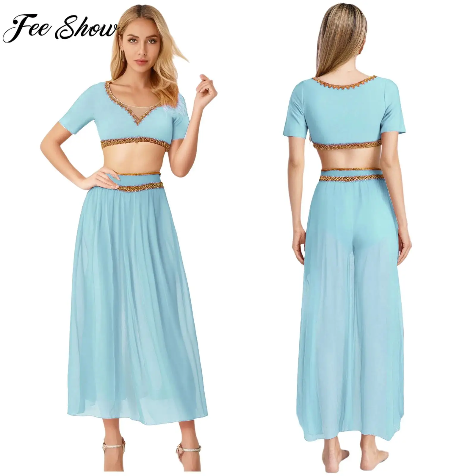 

Women Halloween Theme Party Arab Princess Cosplay Costume Short Sleeve Crop Top with Slit Chiffon Leotard for India Belly Dance