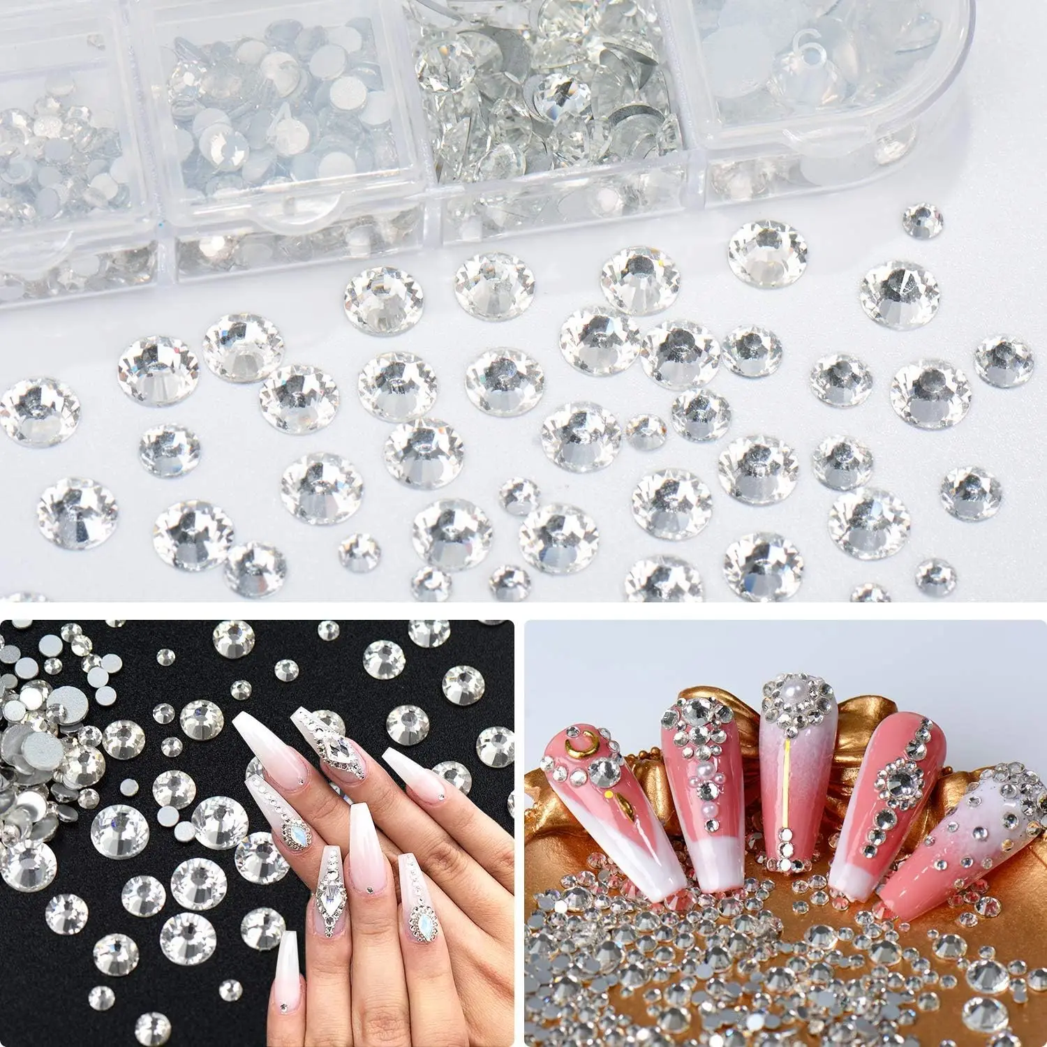 Cristal Prego Rhinestones Set para Artesanato DIY, Vidro Plano Voltar, Redondo, Claro, AB Prego Gems, Nail Art, roupas, sapatos, sacos, 4000 Peças