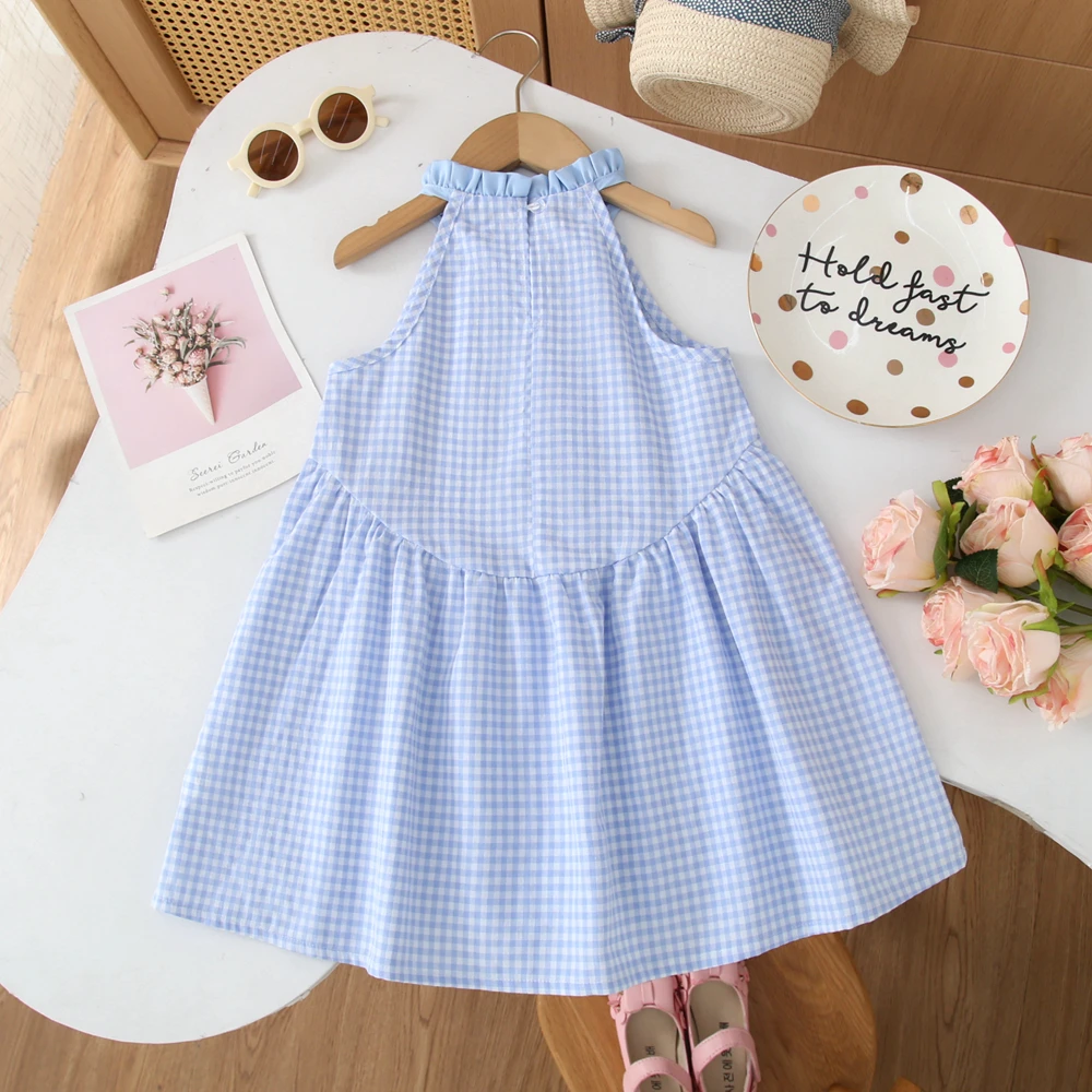 Europe and America Girls Summer Bowknot plaid halter dress Kids Sweet Clothes