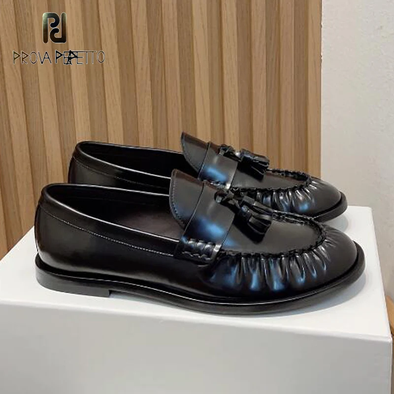 Luxury Genuine Leather Women Black Loafers Shoes Small Chunky Heel Slip on Pleated Leather Round Toe Comfortable Mules Sapatos