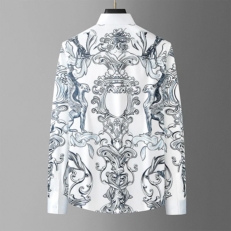 Luxury Court Style Printed Men's Shirt 2025 Summer Long Sleeve Casual Shirts Breathable Non Ironing Shirt Social Party Blouse