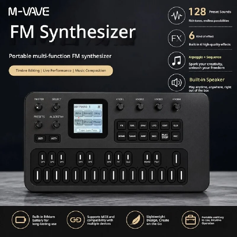 M-VAVE FM-1 portable FM modulation analog synthesizer effect device arpeggio sequencer 128 preset sound effects three-way MIDI