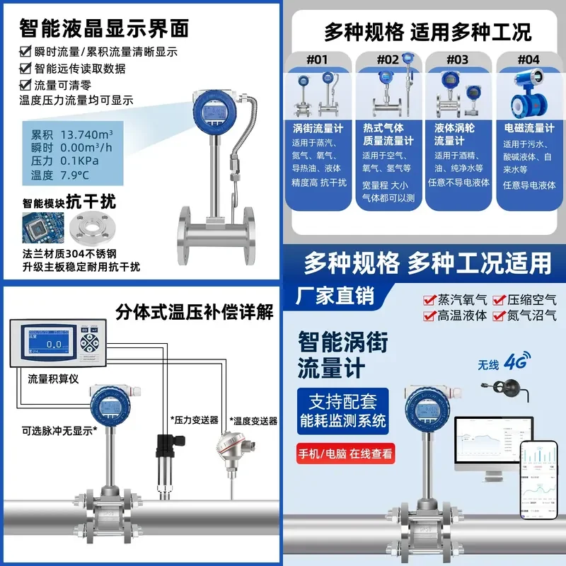 for Steam Vortex Flowmeter Natural Gas Nitrogen Compressed Air Metering Intelligent High Precision Flow Sensor