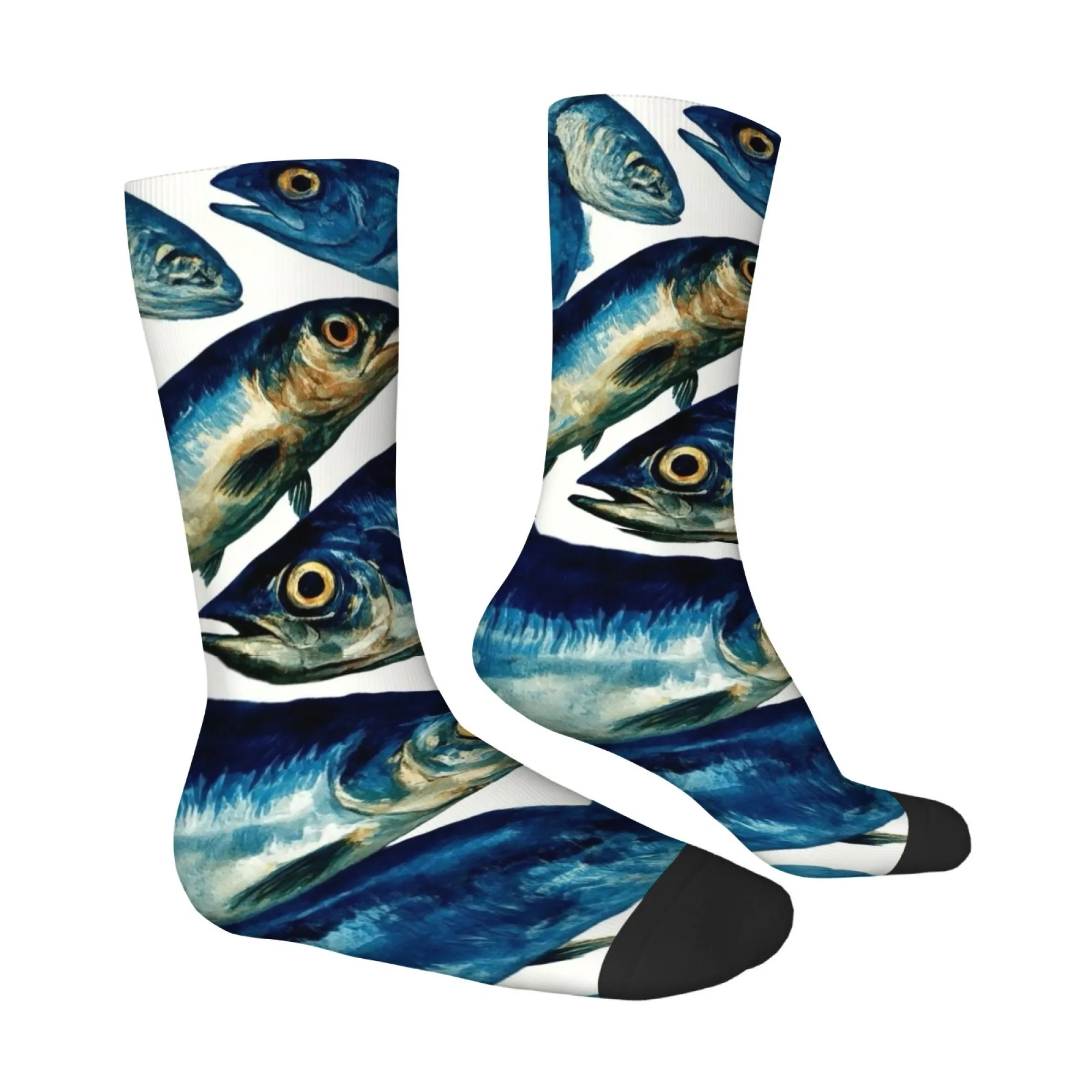 Quirky Blue Fish Print Men's Socks Stylish and Cool Street Hip-hop Harajuku Sports Socks Comfortable and Breathable Socks