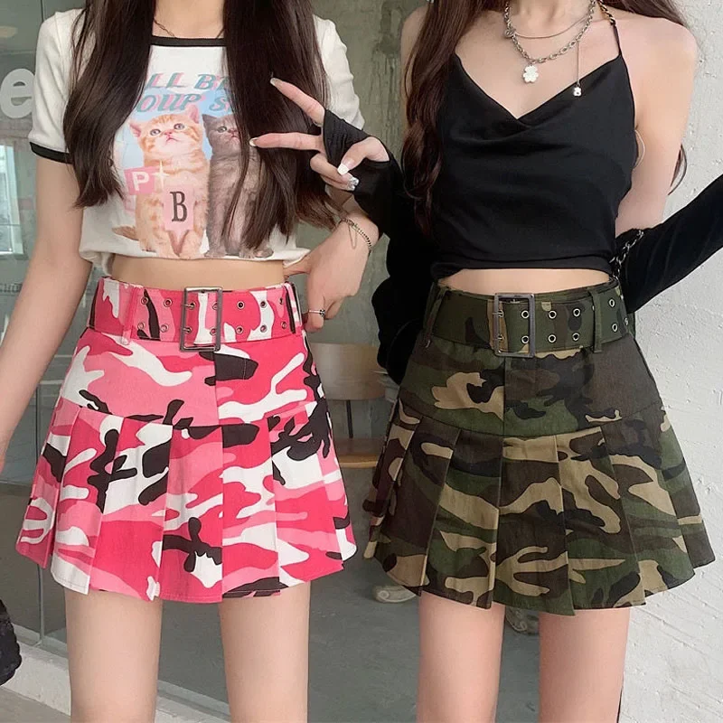 Mexzt Camouflage Vintage Women Cargo Mini Skirt Fashion Belt High Waist Pleated A-Line Skirt Female Streetwear Sexy Skirt New