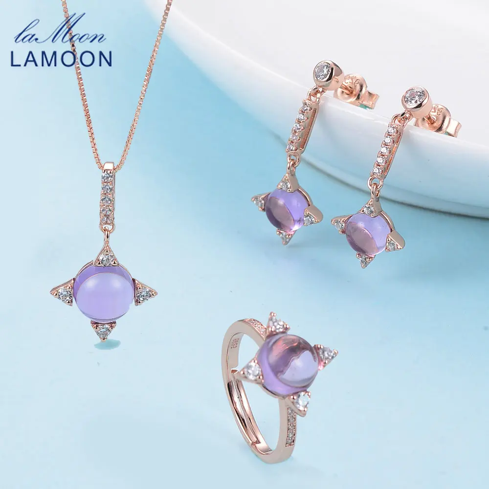 LAMOON Natrual Amethyst Jewelry Set For Women Cross Star 925 Sterling Silver Jewelry Rose Gold Plated Necklace Earring Set V009