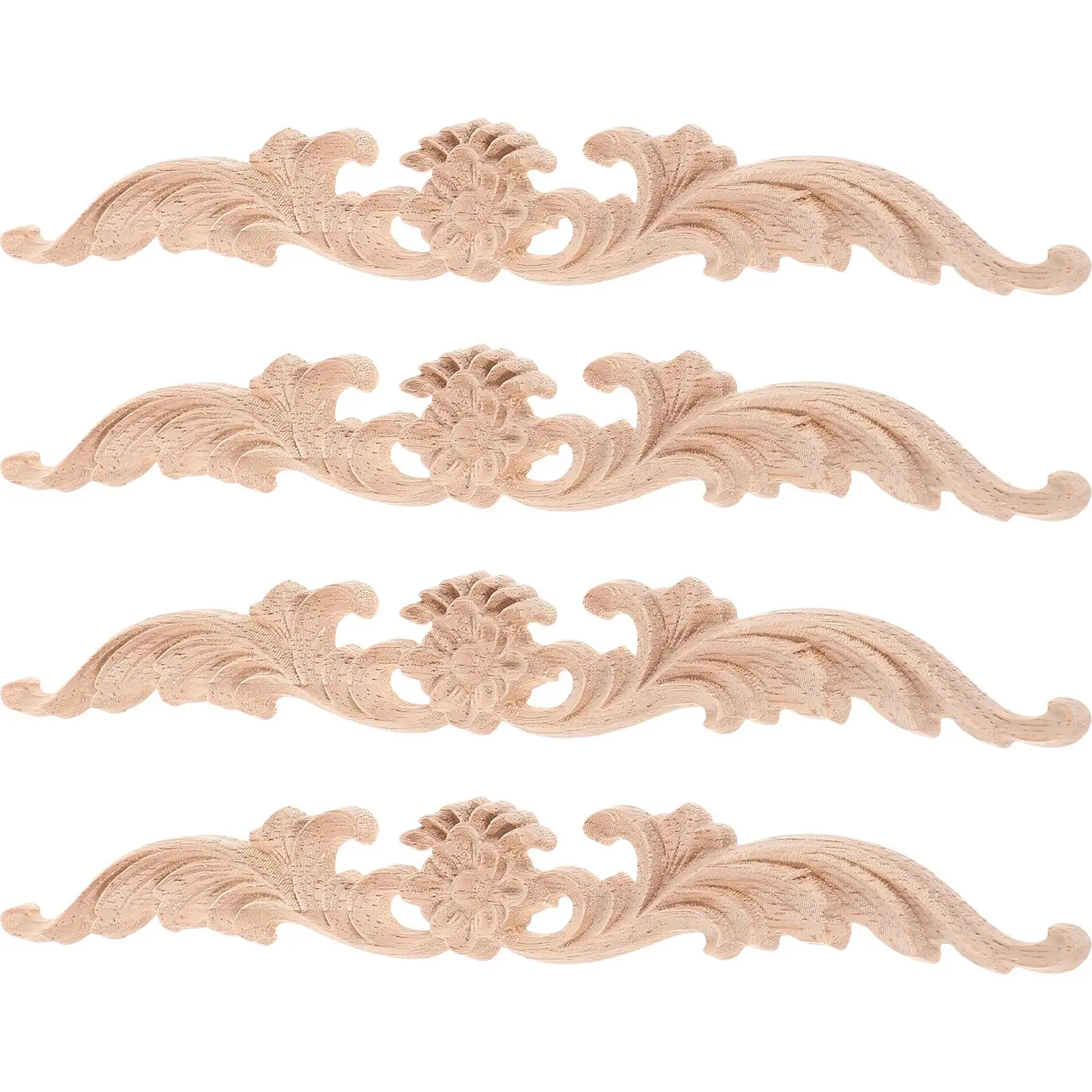 

4 Pcs Carving Appliques Retro Flowers Unpainted Wooden Onlays Cabinet Carving Appliques Cabinet Furniture Decor