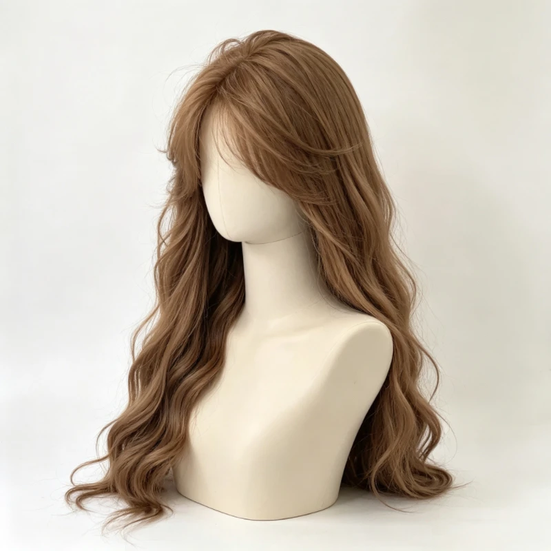 Light gray-brown long wool curled synthetic wig with air bangs 26 inches fluffy water wave heat-resistant fiber full wig
