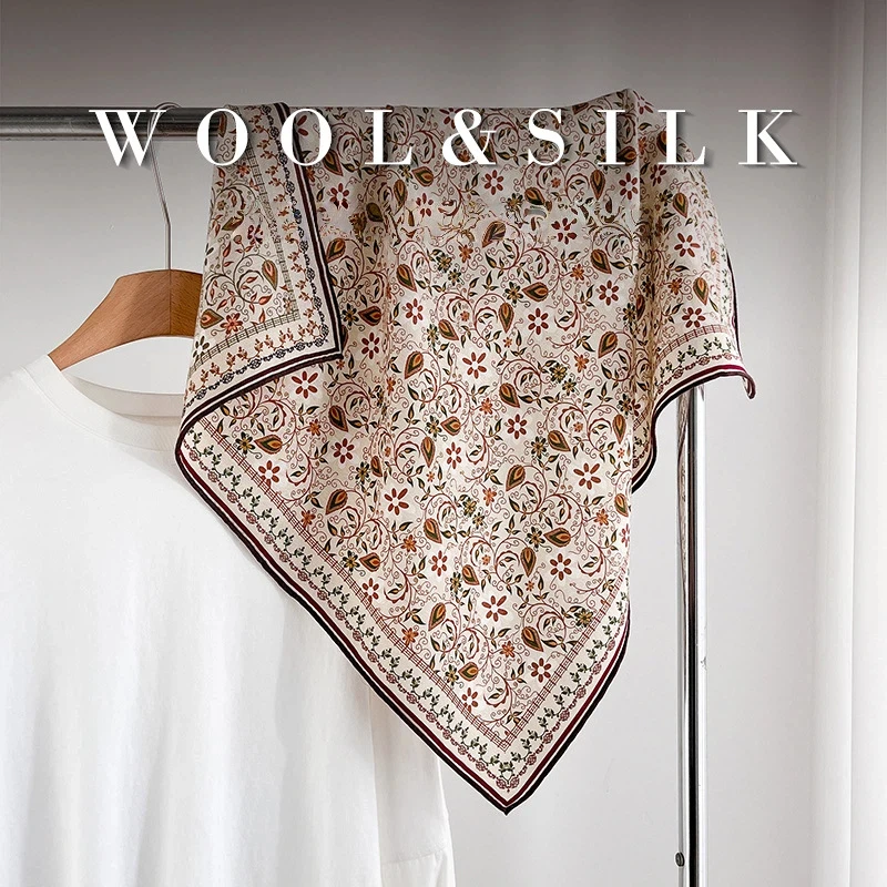 Elegant Vintage Floral Wool Silk Scarf Bandana Double‑Sided Reversible Square Neckerchief Classic Flower Print Accessory