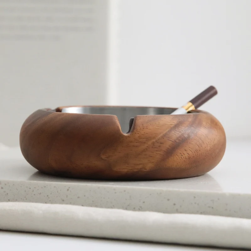 Walnut stainless steel ashtray Chinese style high-end solid wood retro hotel home office anti-fall