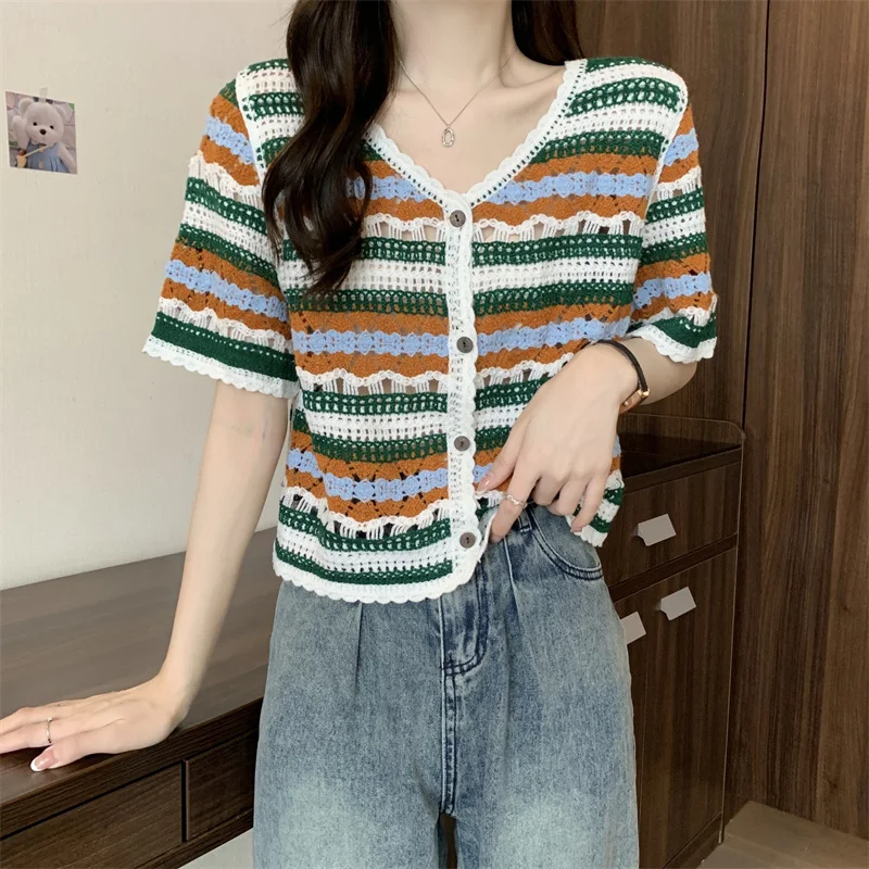 Women Crochet Knit Top Short Sleeve V-Neck Button Up Embroidery Striped Blouse Cardigan Summer Fairycore Cottagecore Outfit