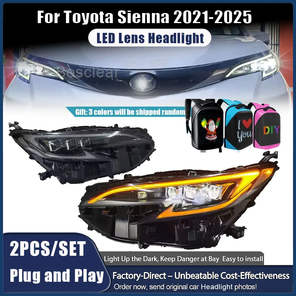 

Для Toyota Sienna 2021-2025: Обновленная фара в сборе с LED-линзой, дневными ходовыми огнями и динамическим поворотником с функцией Streamer
