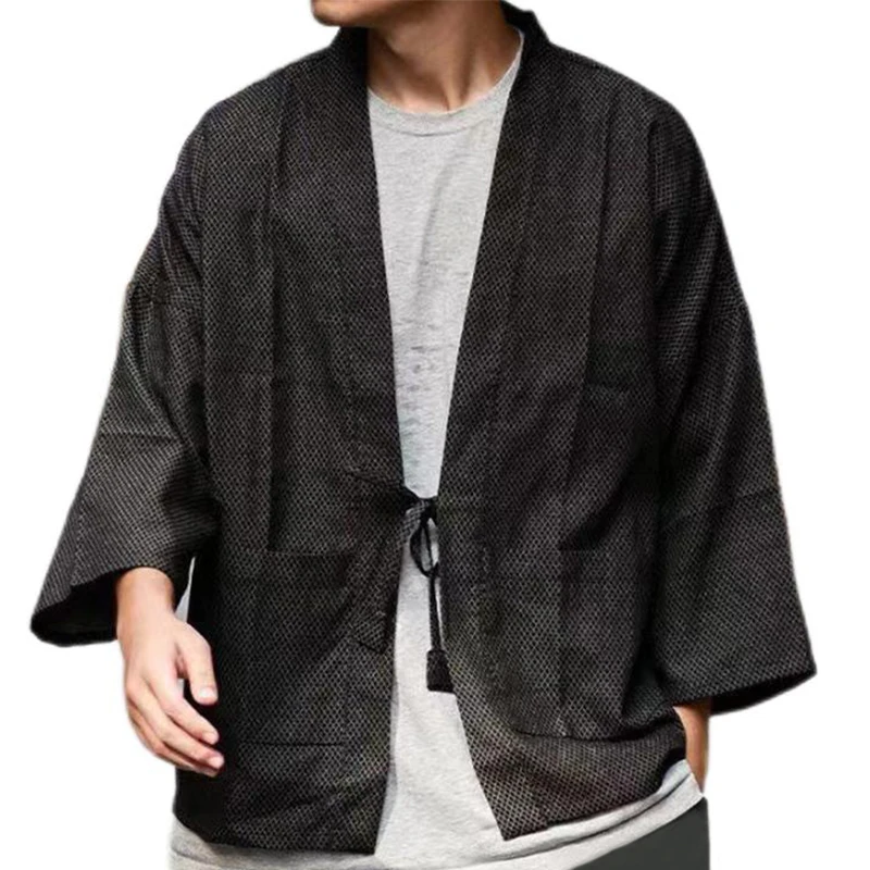 

Japan Style Argyle Texture Men Stand Collar Kimono Jacket 2023 Spring Summer Three Quarter Sleeves Japanese Haori Open Placket