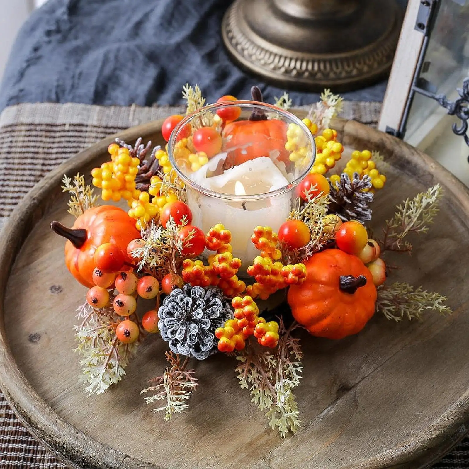 إكليل شمعة صناعي، قطع مركزية على شكل يقطين، ديكور منزلي، إكليل الخريف، إكليل عيد الشكر، عيد الشكر