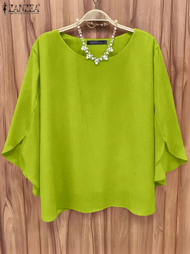 

ZANZEA Women Casual Blouses 2025 Autumn Fashion Round Neck 3/4 Petal Sleeve Blusas Mujer Everyday Wear Loose Solid Color Tops