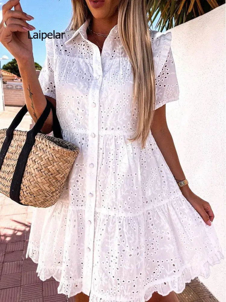 Womens Fashion Short Sleeve Ruffle Loose Beach Dress Elegant Single Breasted Shirt Dress Sexy Embroidery Hollow Out Mini Dresses