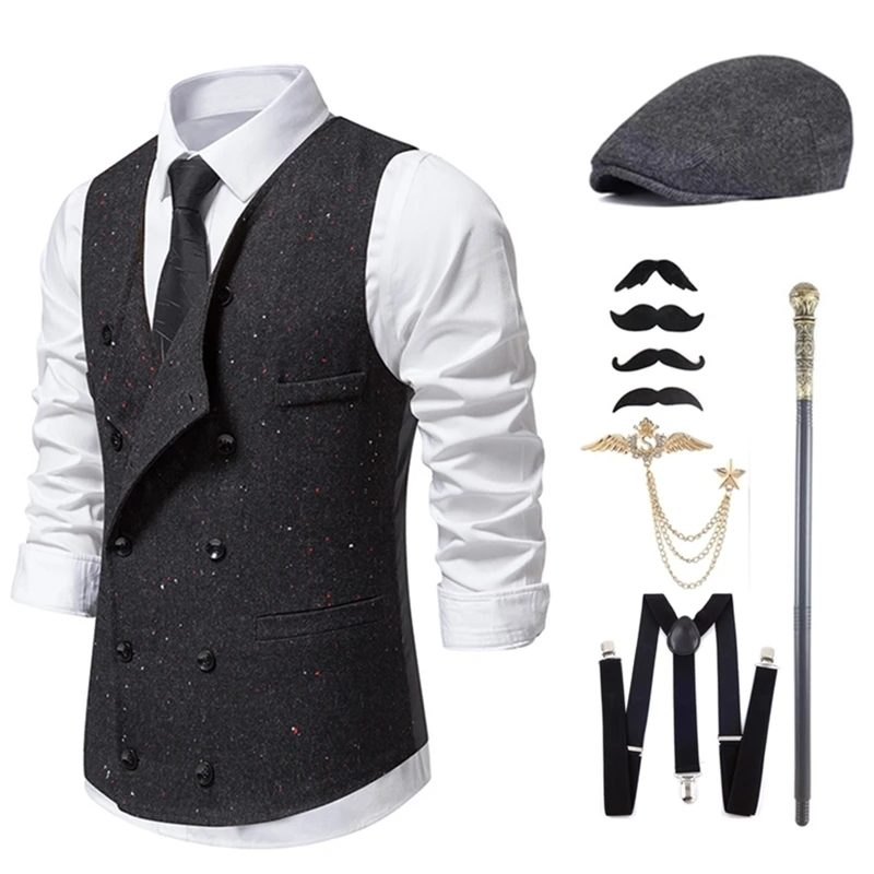 Men Business Jacket Vest Slim Strip-Type Leisure Gentlemen Formal Sleeveless Suit Wedding Party Prom Retro Style 1920s Attire