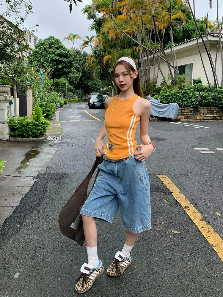 

Свободные джинсовые шорты с высокой талией и широкими штанинами для женщин, летние, повседневные, в винтажном американском стиле, укороченные