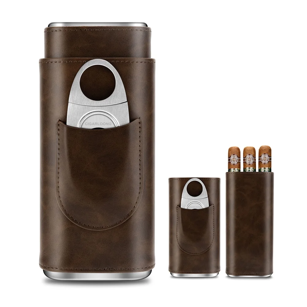 3-pack Cigar Case Portable Leather Holder Box Storage with Stainless Steel Sharp Cigar Cutter Luxury Smoking Accessories CH-24FA