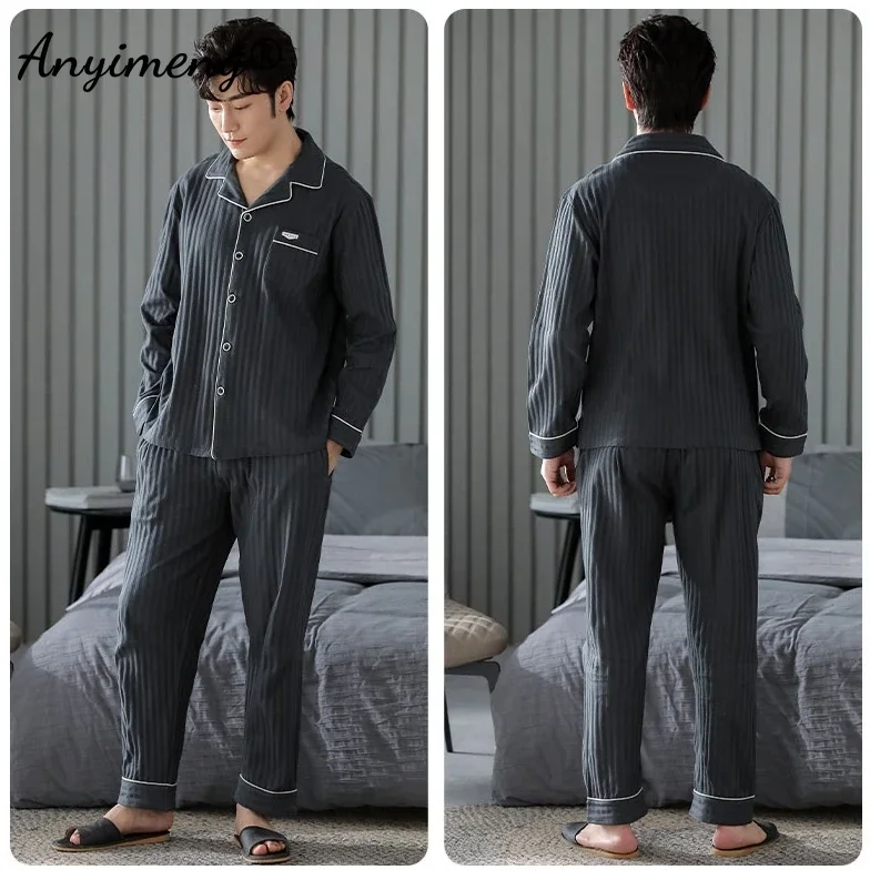 Business Men Nightwear Leisure Cardigan Sleepwear for Gentleman Mens Lounge Wear Autumn Winter Soft Cotton Pajamas Set for Man