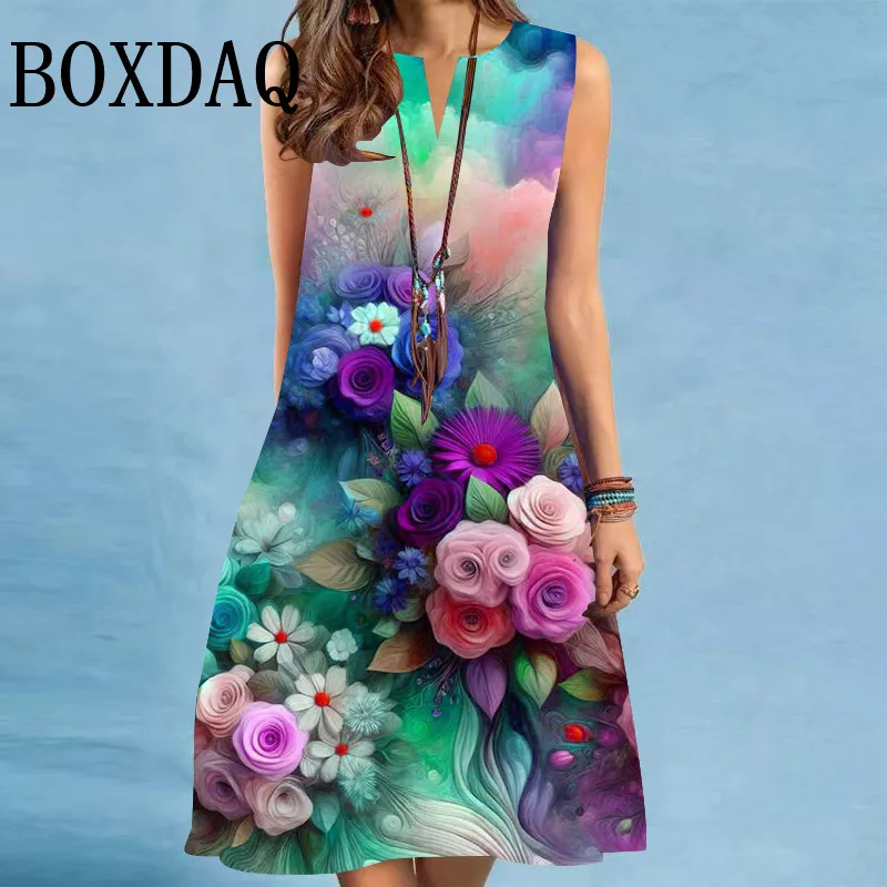 Women's Clothing Short Sleeves Dresses Gradient Rainbow Printing A-Line Dress 3D Colorful Woman Dress Casual Loose O-Neck Party