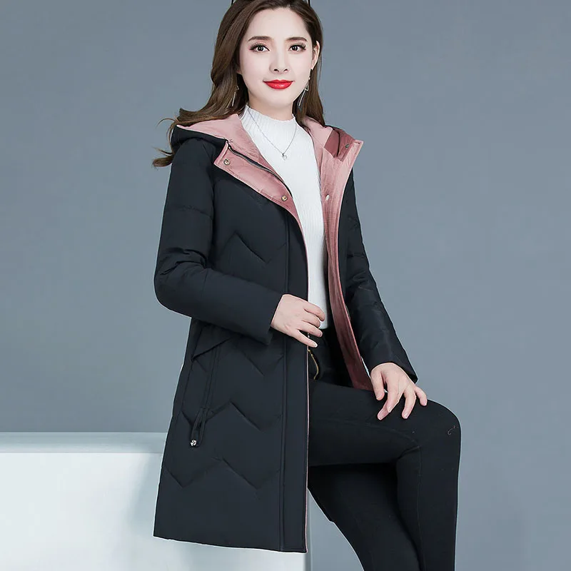 New Female Thickened Down Cotton Jacket Autumn Winter Cold Warm Padded Jackets Women\'s Casual Hooded Parka Overcoat Black 6XL