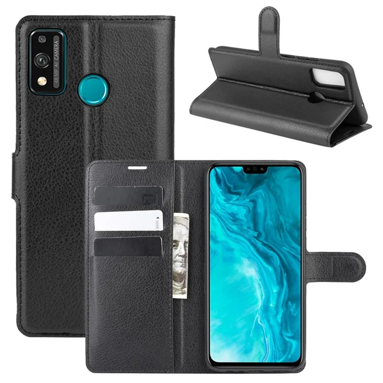 

Litchi Texture Wallet Stand Leather Cell Phone Cover for Honor 9X Lite - Black