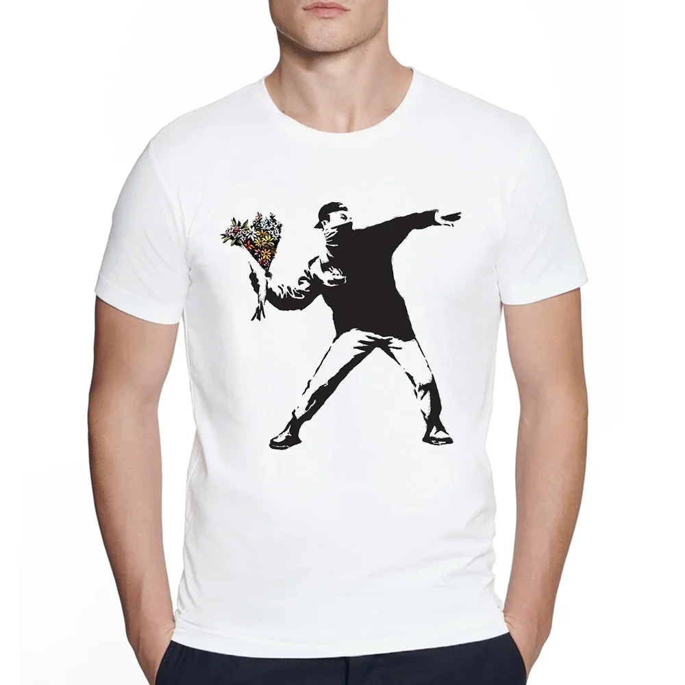 Swag Banksy graffiti Flower Thrower T Shirts Fabric Men Tshirt Mens T-shirts Novelty Street Art Designer not war Print Rebel Tee