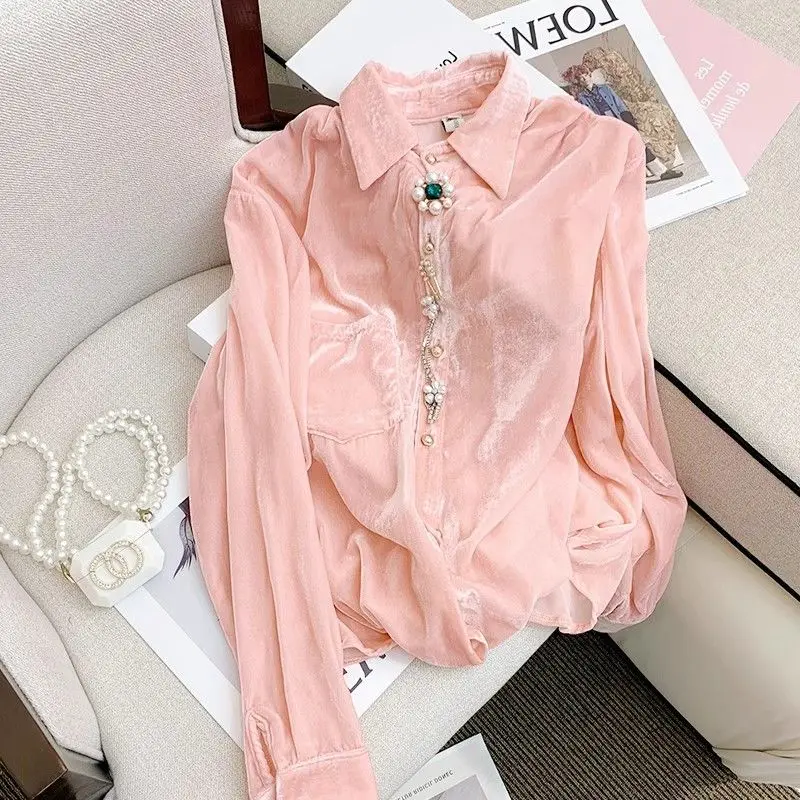 European Heavy Industry Nail Bead Unique Sweet Velvet Shirt 2024 Autumn New Style Design Western Style Versatile Top Trendy