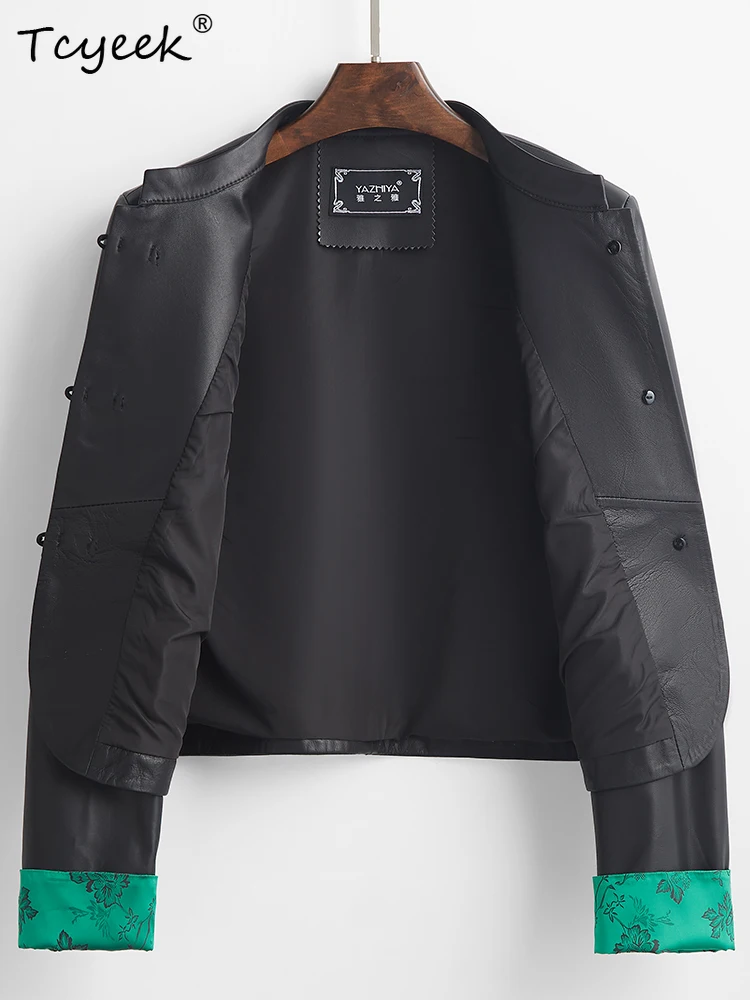 Tcyeek 진짜 양피 여성 가죽 자켓 봄 가을 국가 스타일 스탠드 업 칼라 블랙 긴 소매 짧은 가죽 자켓