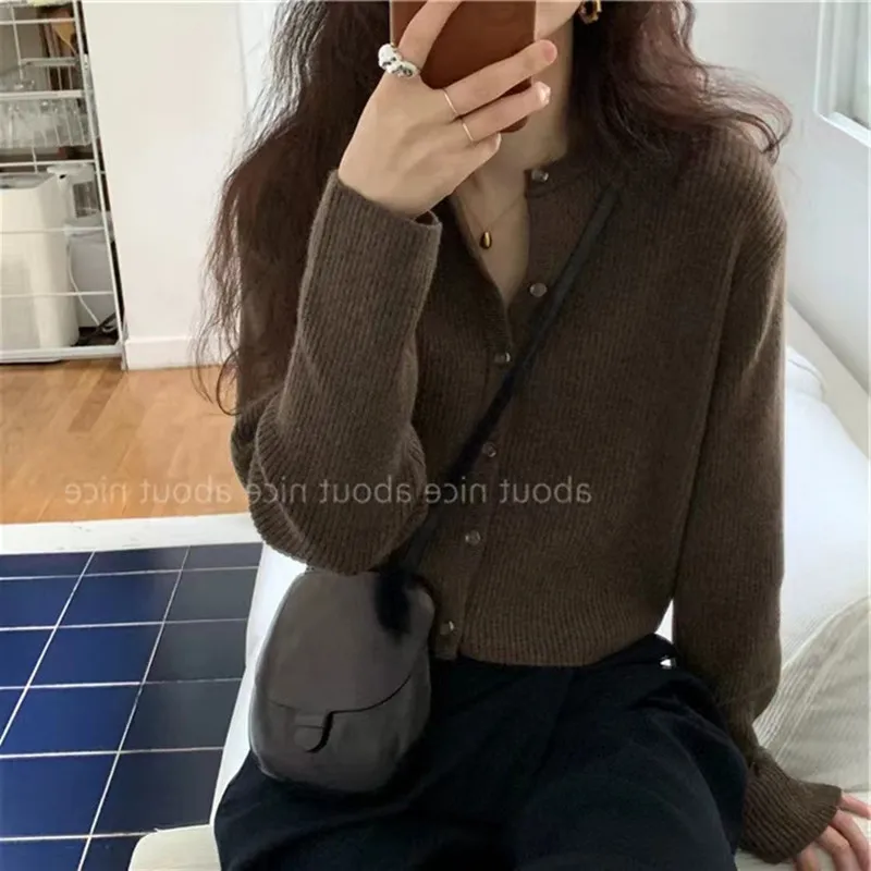 Sweter rozpinany z czystej wełny, kurtka, jesień/zima 2025, damski sweter z okrągłym dekoltem, dzianina kaszmirowa, moda koreańska, odzież damska.